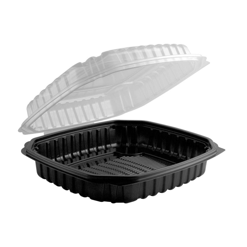 ANCHOR 10.5"X9.5" HINGED CONTAINER 46.5 OZ MICROWAVABLE 1-COMP BLACK BASE CLEAR ANIT-FOG LID 100/CS 4669111/CB91011B