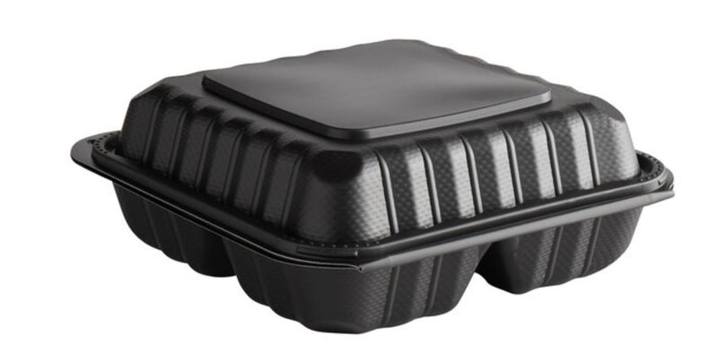 ECOPAX 8X8X3 3-COMP BLACK MFPP HINGED CONTAINER 150/CS PP883-BK