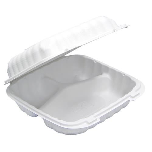PACTIV 8X8X3 MICROWAVABE 3-COMPARTMENT HINGED LID WHITE 200/CS