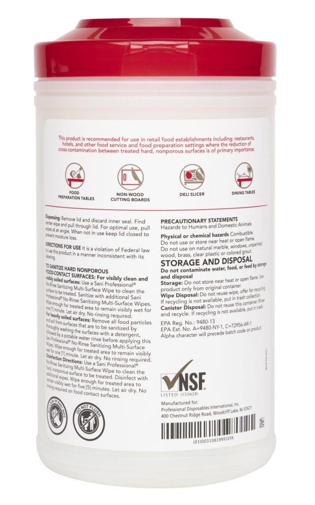 SANTIZING NO RINSE/FOOD CONTACT SAFE WIPES 95CT 6/CS