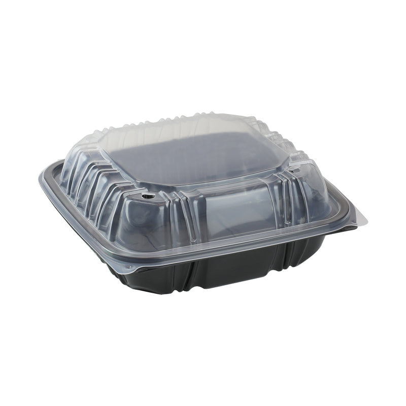 PACTIV 1 COMP 8.5X8.5 VENTED MICROWAVABLE HINGED LID TAKEOUT CONTAINER BLK/CLR 150/CS DC858100B000