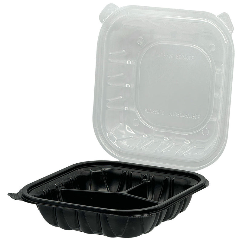 EM- VENTED 8X8 3 COMP PP BLACK BASE WITH CLR HINGED LID MICROWAVEABLE 180/CS