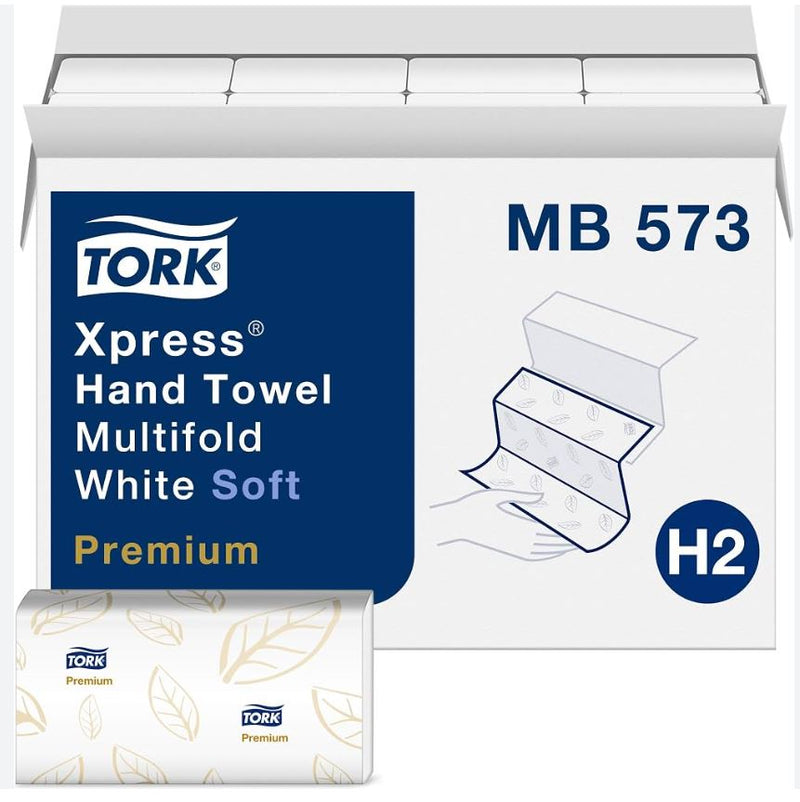 PAPER TORK PREMIUM SOFT XPRESS WHITE WITH BLUE LEAF 4-PANEL MULTIFOLD PAPER TOWELS SUPERIOR APPEARANCE HAND FEEL HIGHLY ABSORBENT HAND DRYING EXPERIENCE MB572/MB573