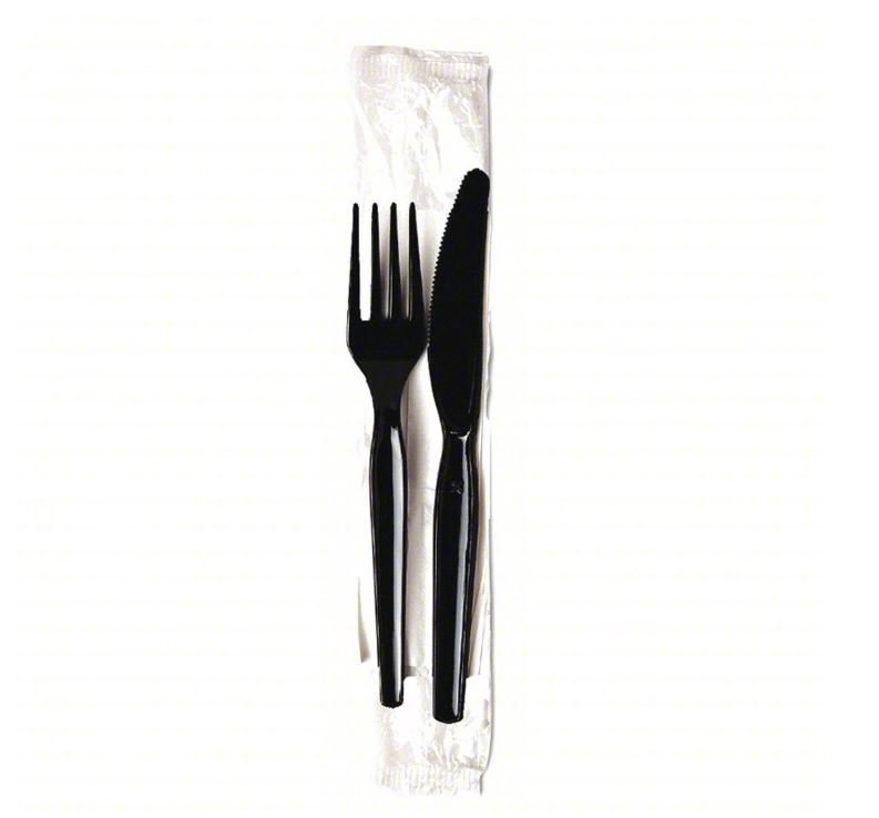 WRAPPED BLACK HEAVY DUTY 3 PIECE CUTLERY (K,F,& NAP) 500/CS